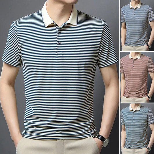 Camiseta informal de negocios a rayas transpirable con solapa para hombre