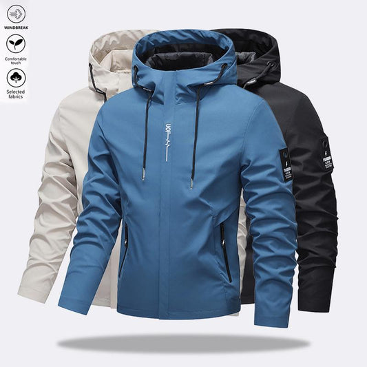 Chaqueta con capucha para hombre, impermeable, cortavientos y con cordón ajustable, color liso.