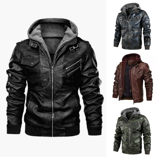 ❄️Chaqueta con capucha de cuero sintético con cremallera para hombre