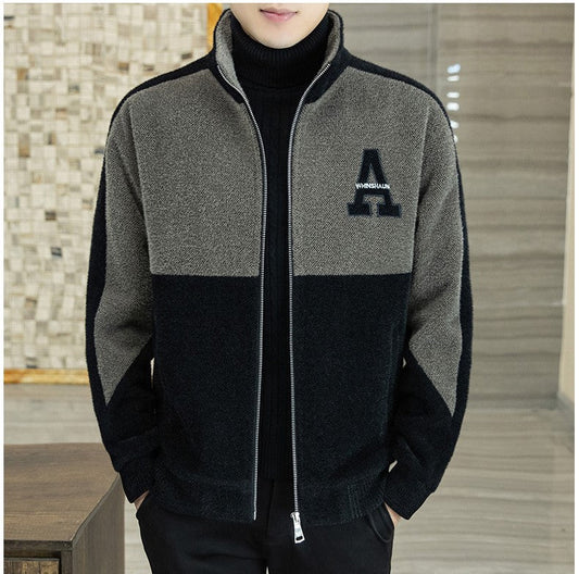 Chaqueta de felpa con cuello de pie de moda para hombre