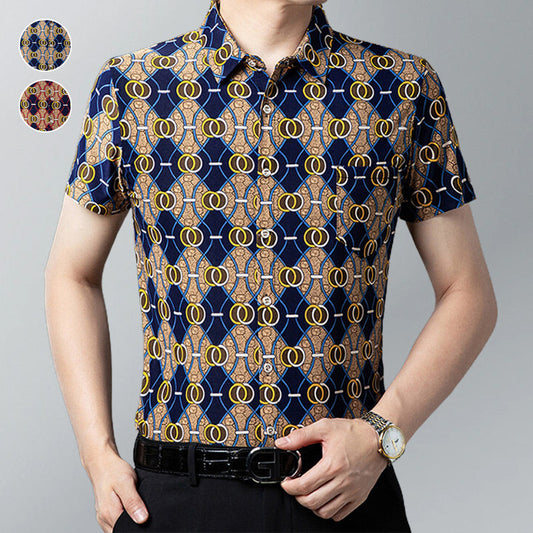 Camisa de manga corta con solapa estampada a la moda para hombre