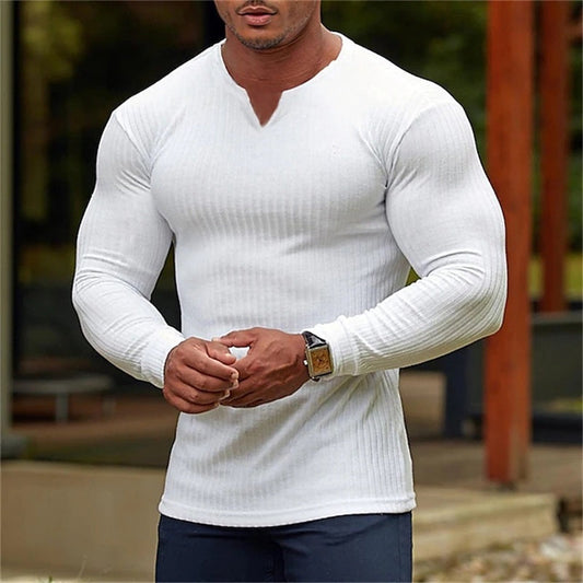 Camiseta deportiva de manga larga con cuello en V a la moda para hombre