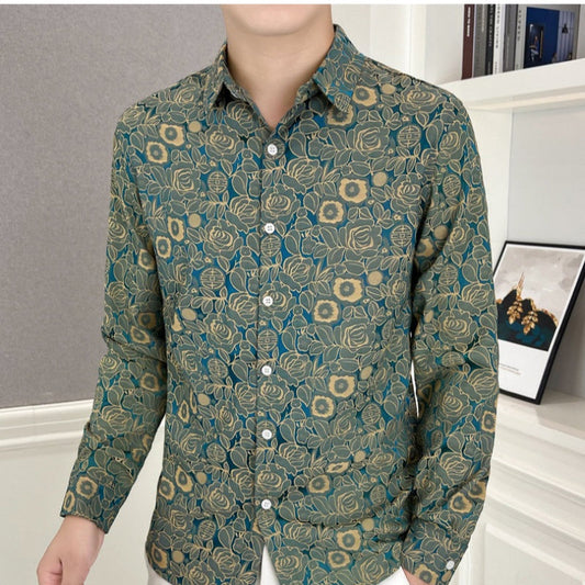 Camisa de manga larga elástica estampada informal para hombre