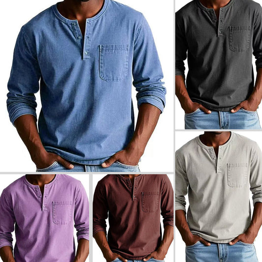 Camisa de manga larga con bolsillo desgastado vintage para hombre