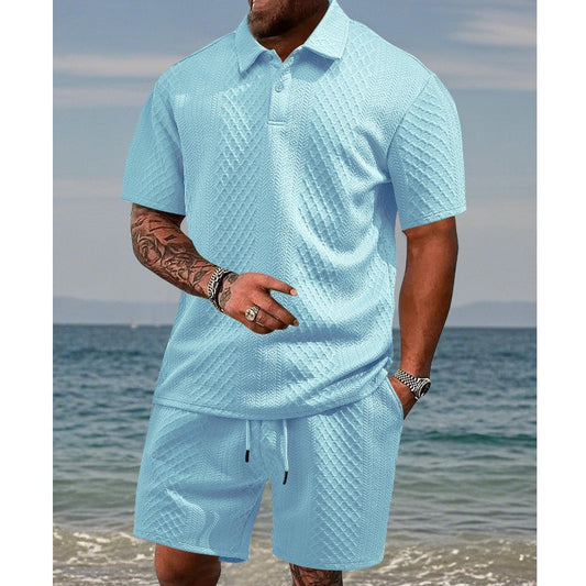 Conjunto de 2 piezas de top de manga corta con cuello vuelto y pantalones cortos con cordón con estampado de diamantes para hombre