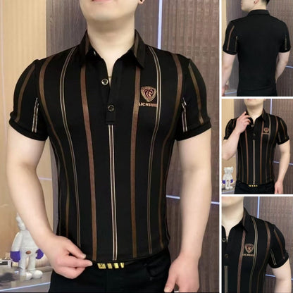 Camisetas de manga corta a rayas con cuello en V y solapa para hombre