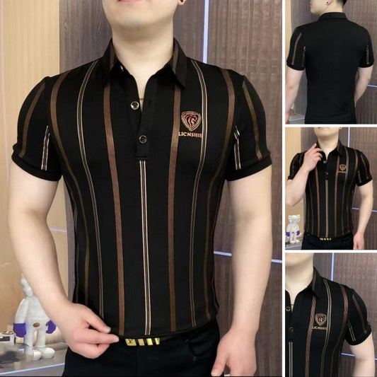 Camisetas de manga corta a rayas con cuello en V y solapa para hombre