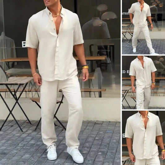Tops y pantalones de manga corta con solapa lisa para hombre