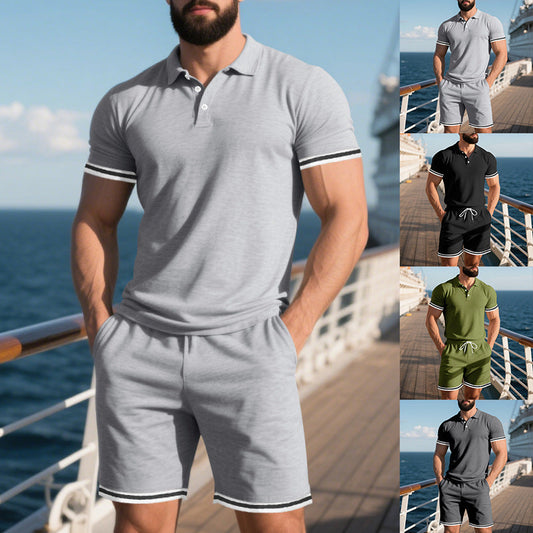 Camiseta y pantalones cortos casuales de manga corta con solapa para hombre