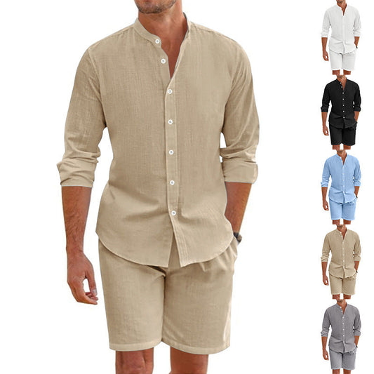 Conjunto informal de dos piezas de top y pantalones cortos de lino para hombre