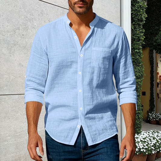 Camisa de lino con cuello alto y manga larga para hombre