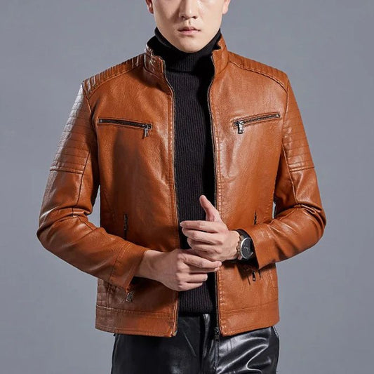 Chaqueta de cuero estilo motero con cuello alto para hombre