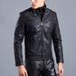 Chaqueta de cuero estilo motero con cuello alto para hombre