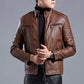 Chaqueta de cuero estilo motero con cuello alto para hombre