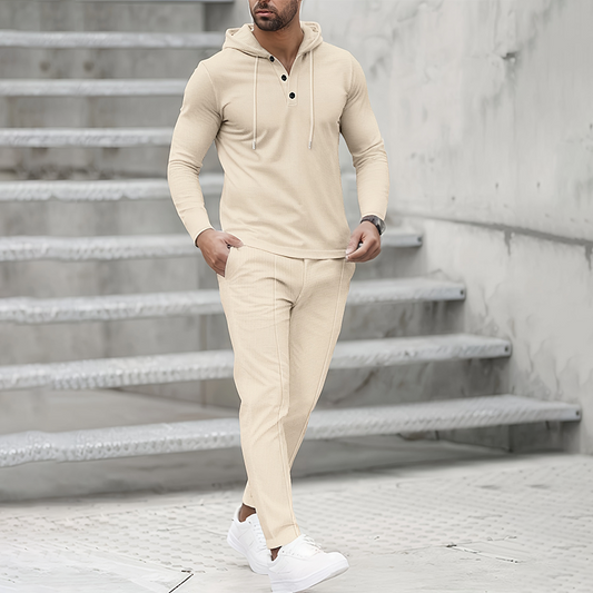 Conjunto deportivo de dos piezas para hombre con sudadera con capucha de color liso