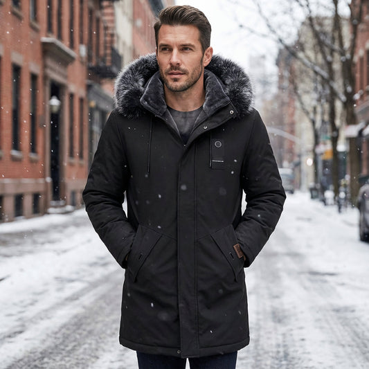 Chaqueta parka de hombre de longitud media, cortavientos y térmica con capucha.