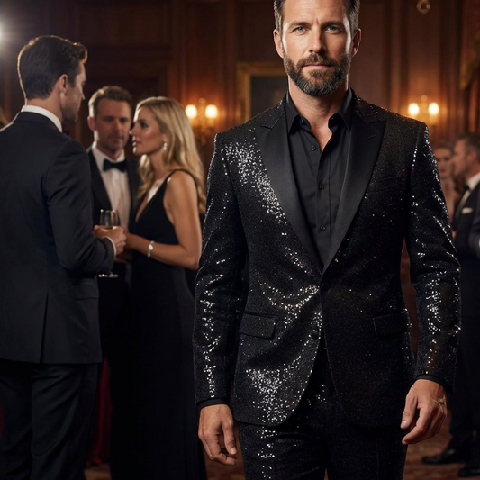Traje de Esmoquin Negro con Brillos para Hombre – Conjunto de Chaqueta y Pantalón