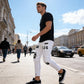 🔥 ¡50% DE DESCUENTO AHORA! 👖 Vaqueros ajustados rotos para hombre – Diseño con parches modernos y denim resistente 🎨👟