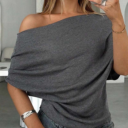 👚 Top asimétrico de manga murciélago con hombros descubiertos para mujer: elegancia dramática y comodidad suave 🦇✨