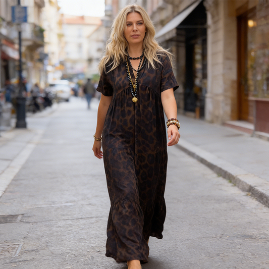 ⏰ ¡Oferta Limitada 50% OFF! 👗 Vestido Largo de Mujer con Escote en V y Estampado de Leopardo – Elegancia y Comodidad Todo el Día 🐆✨