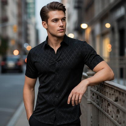 👔 ¡50% DE DESCUENTO POR TIEMPO LIMITADO! ✨ Camisa negra texturizada para hombre – Patrón de diamantes, corte atlético, 8 tallas 🍁