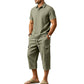 Conjunto de Lino de Verano para Hombre - Camisa Suelta y Shorts Cargo de Dos Piezas