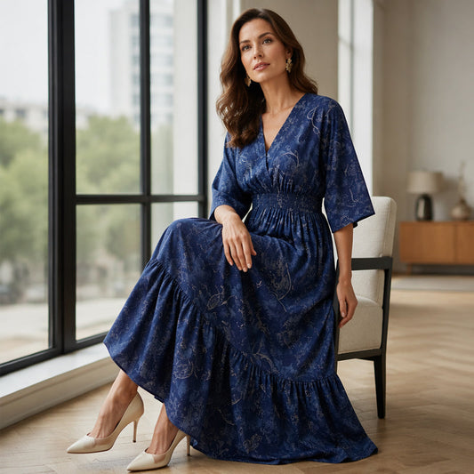 Vestido Estampado Elegante con Escote en V para Mujer