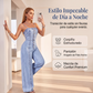 Mono vaquero de pierna ancha con tirantes finos para mujer