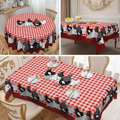 🐓 Mantel de Gallo Campestre – Cuadros Buffalo Rojos con Estampado de Gallina, Resistente a Derrames y Borde de Encaje Festoneado ✨