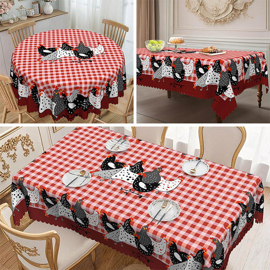 🐓 Mantel de Gallo Campestre – Cuadros Buffalo Rojos con Estampado de Gallina, Resistente a Derrames y Borde de Encaje Festoneado ✨