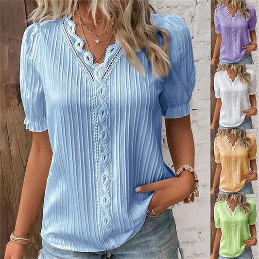 Cuello en V Encaje Liso Camisa Elegante - Compre 3 envío gratis